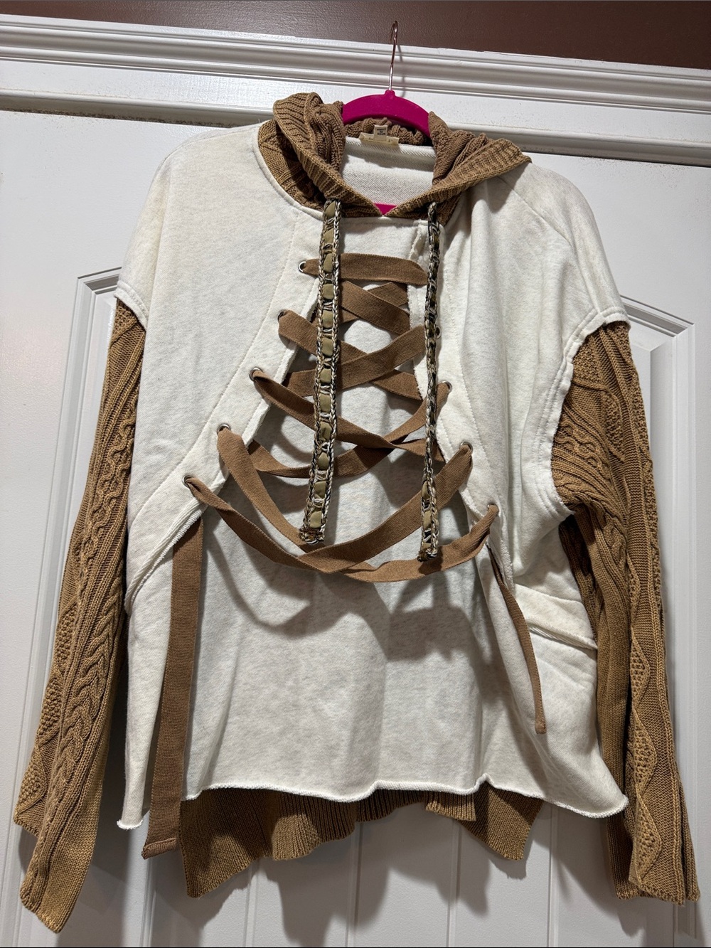POL Cream and Tan Lace-Up Layered Sweater